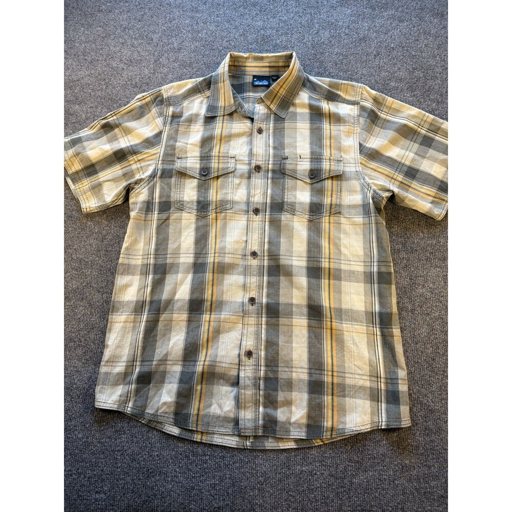 KAVU Mens Plaid Short Sleeve Button Up Shirt Gray Yellow Cotton Blend Medium M